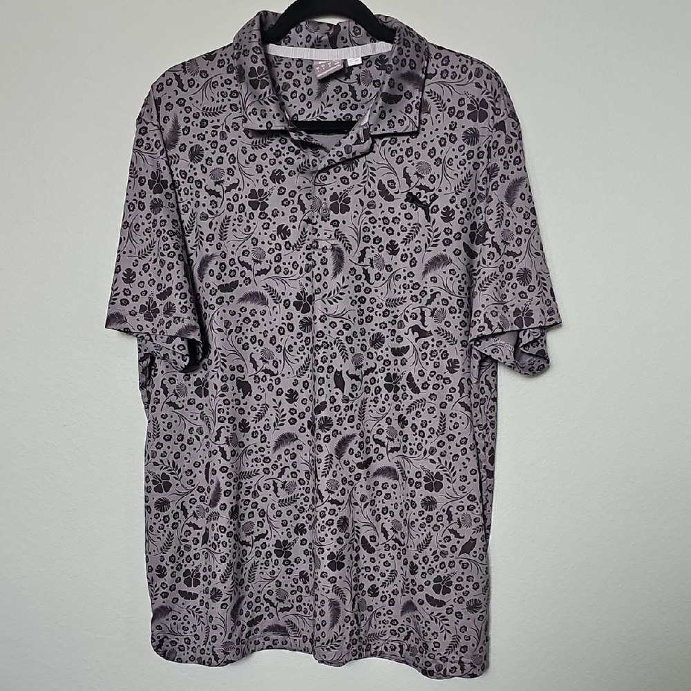 Puma Men's Black and Gray Patterned Cloudspun Short Sleeve Polo Shirt Large